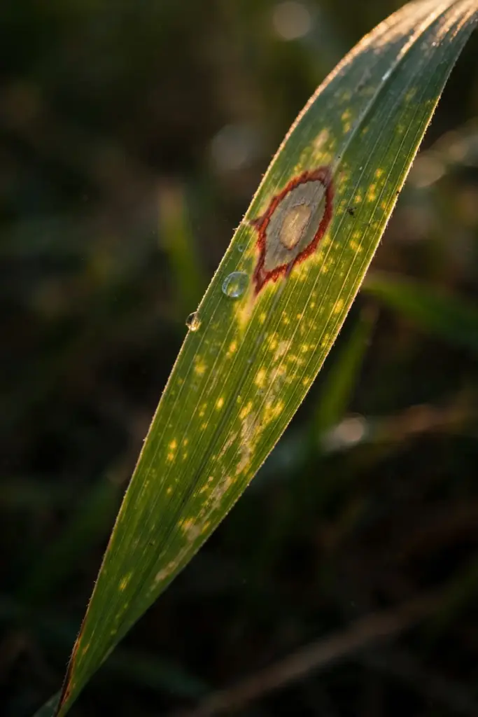 Single grass blade lesion with reddish-brown margin in macro