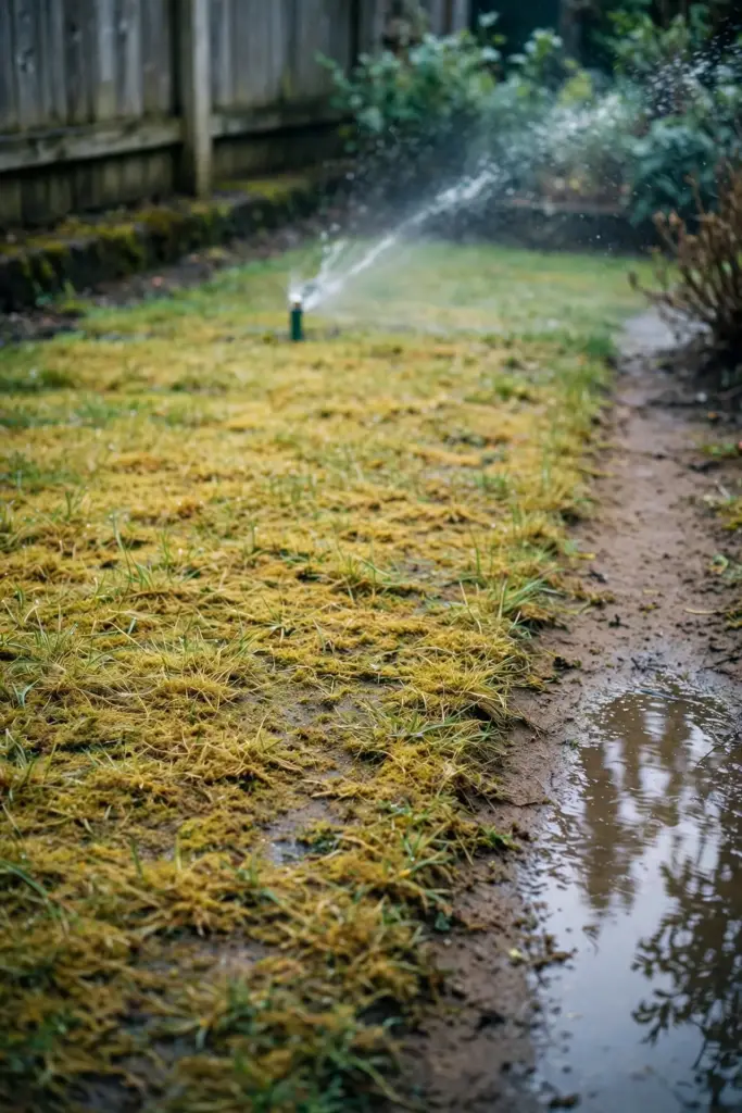 Thin stressed lawn with thatch, shade, and a sprinkler arc