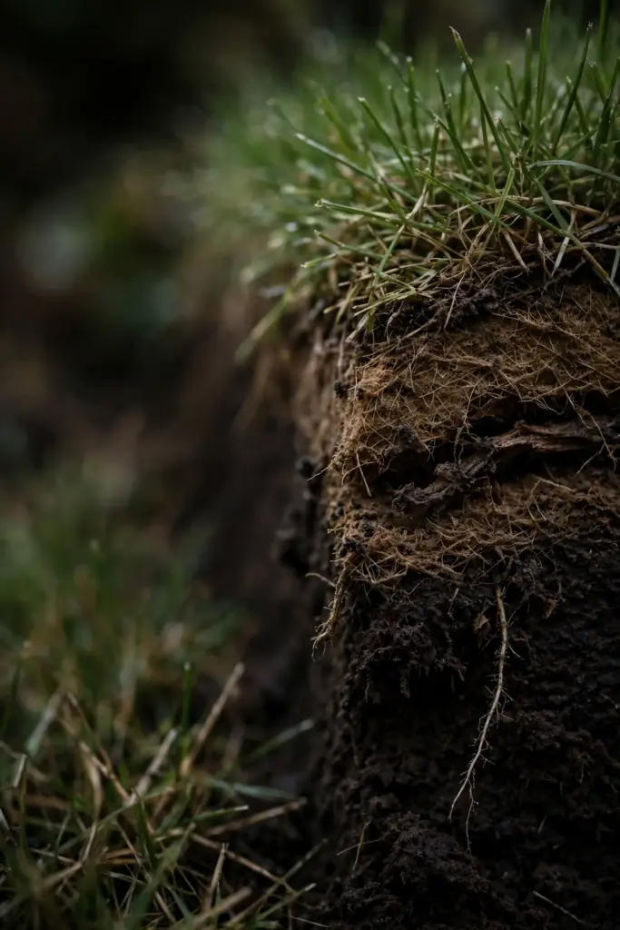 Turf cross-section with spongy brown thatch above dark soil