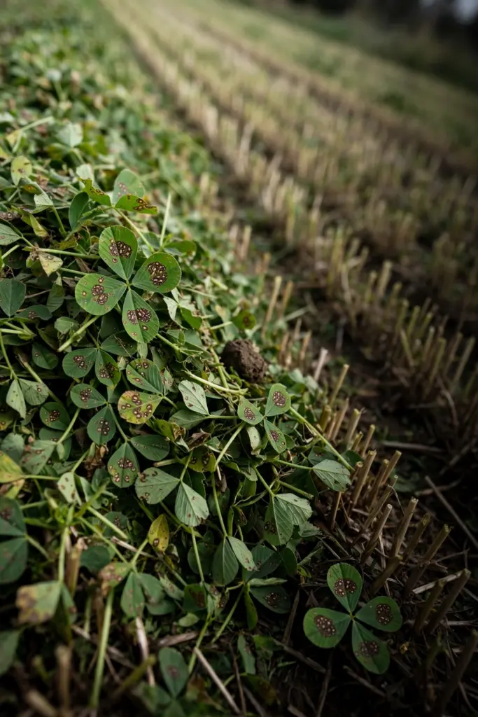 Freshly cut alfalfa windrow with spotted leaves after an early cut.