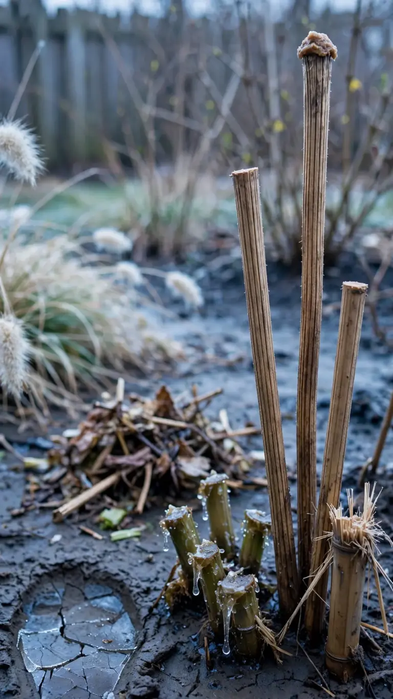 Hollow echinacea stems left standing for bees, marked with a bamboo stake