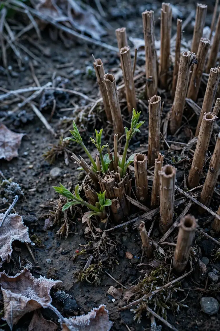 Cut verbena stem stubble with fresh green shoots at the base in late winter