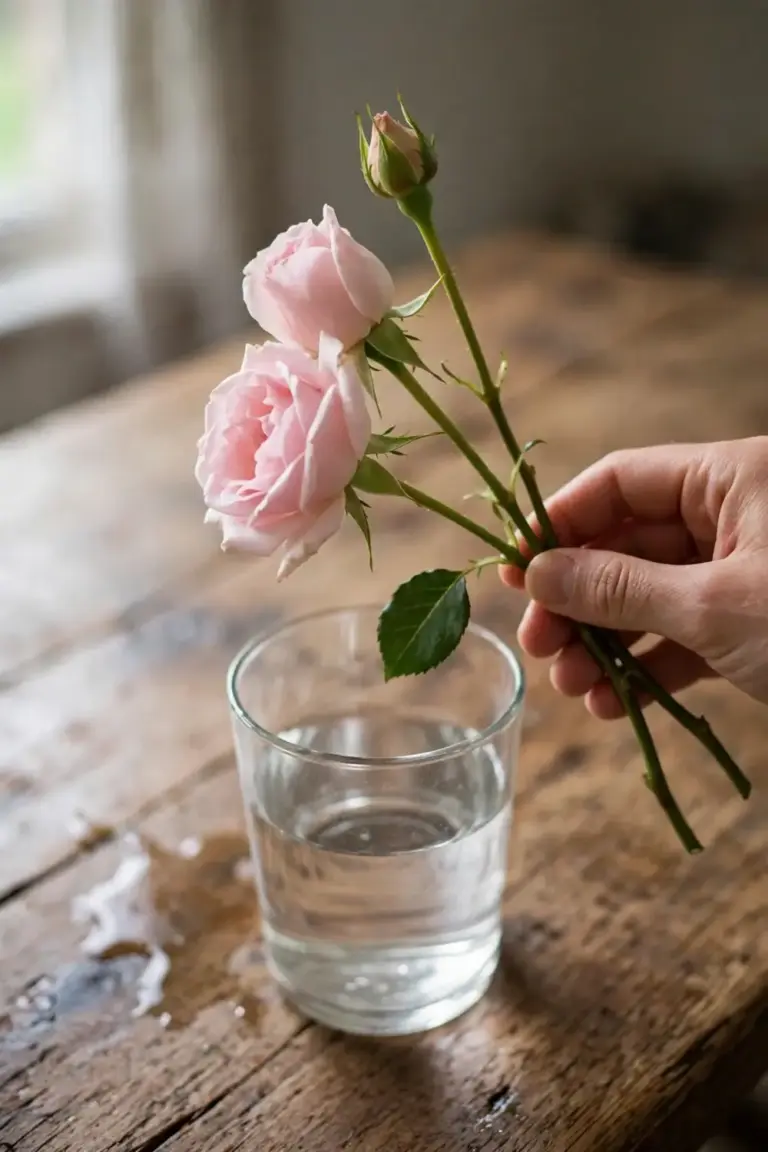 Hand holding freshly cut roses at mixed stages over a vase of water