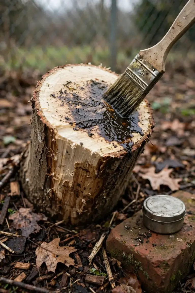 Paintbrush coating a freshly cut woody vine stump with dark herbicide