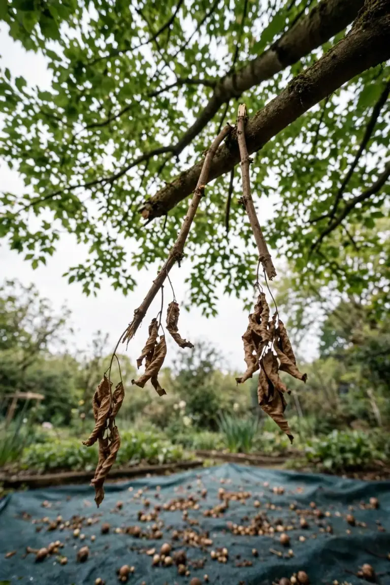 Severed vine stems left to die hanging in a tree canopy above a tarp