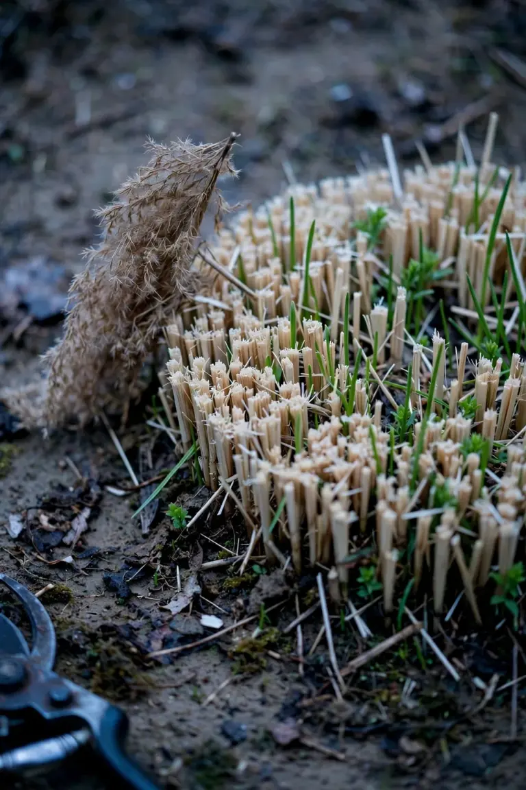Fountain grass crown cut back to stubble with new green shoots emerging