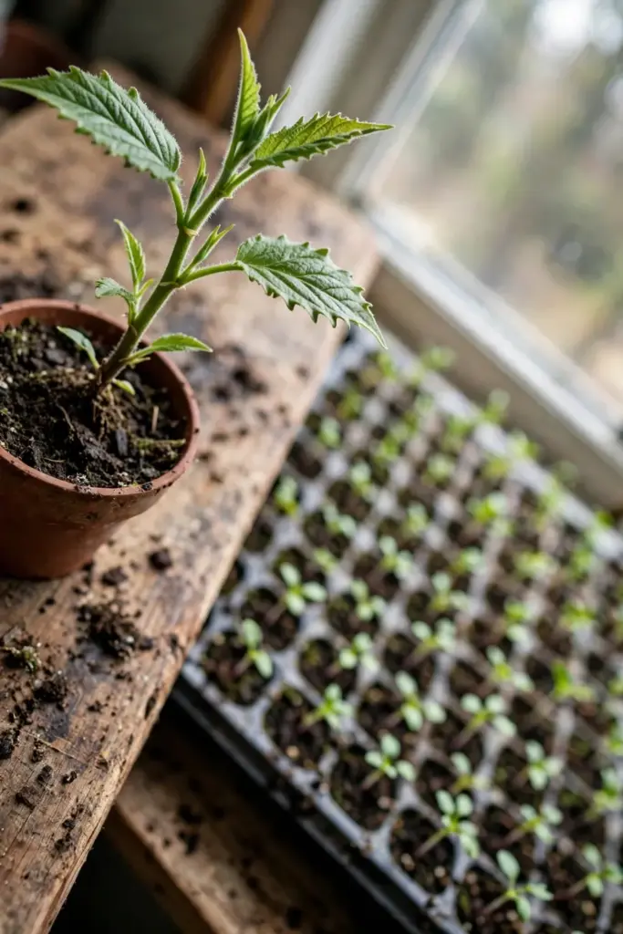 Rooted Java tea cutting beside a tray of small seedlings