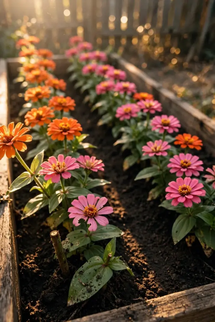 Zinnias in straight rows in a raised cutting bed