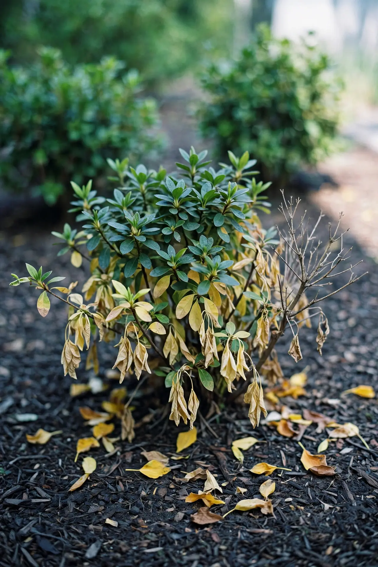 Wilting azalea shrub with yellowing lower leaves in a garden bed