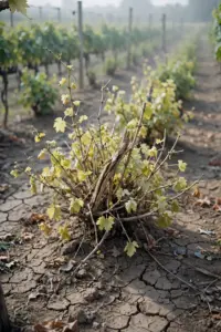 Vineyard row with patchy decline, weak vines among healthy vines
