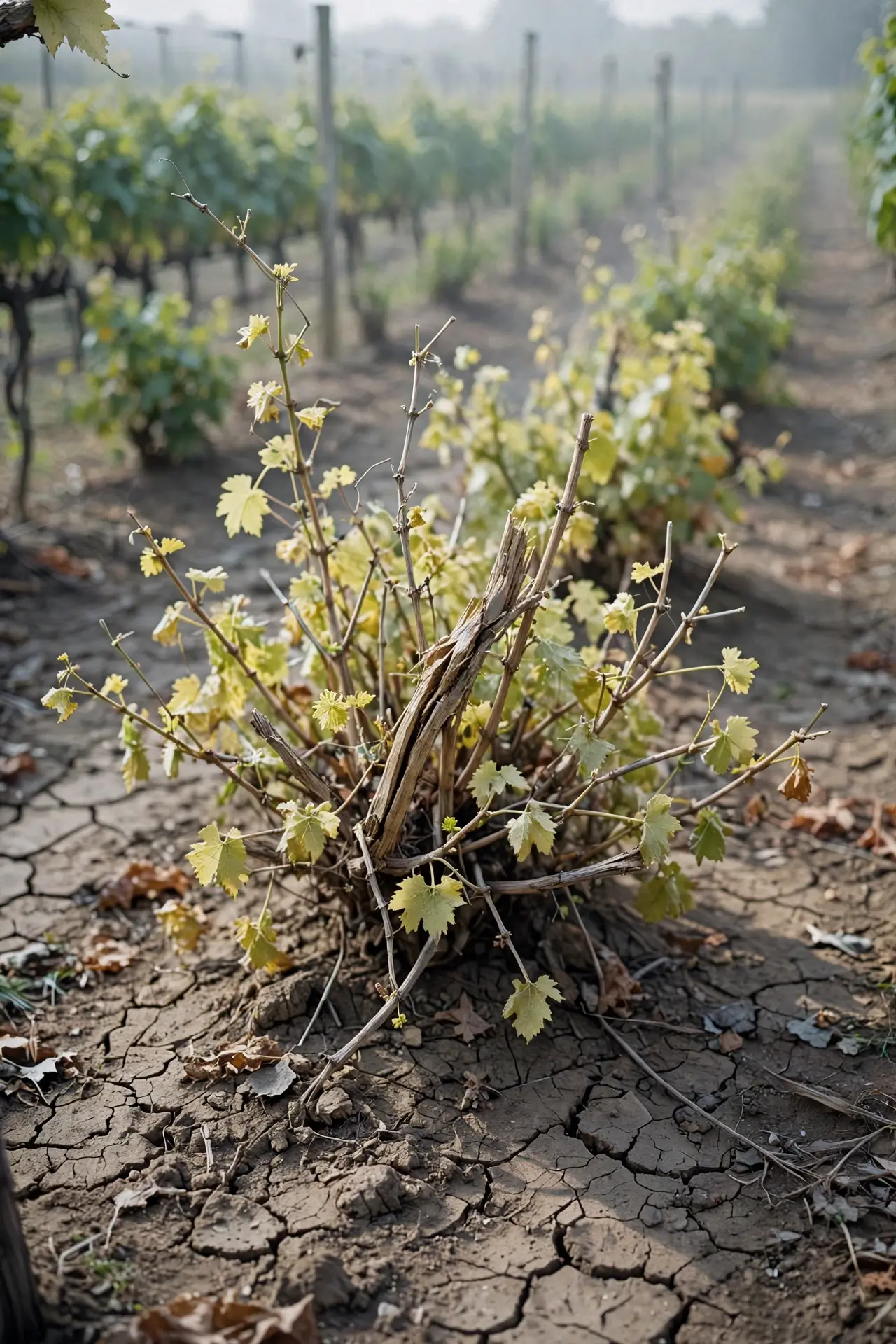 Vineyard row with patchy decline, weak vines among healthy vines