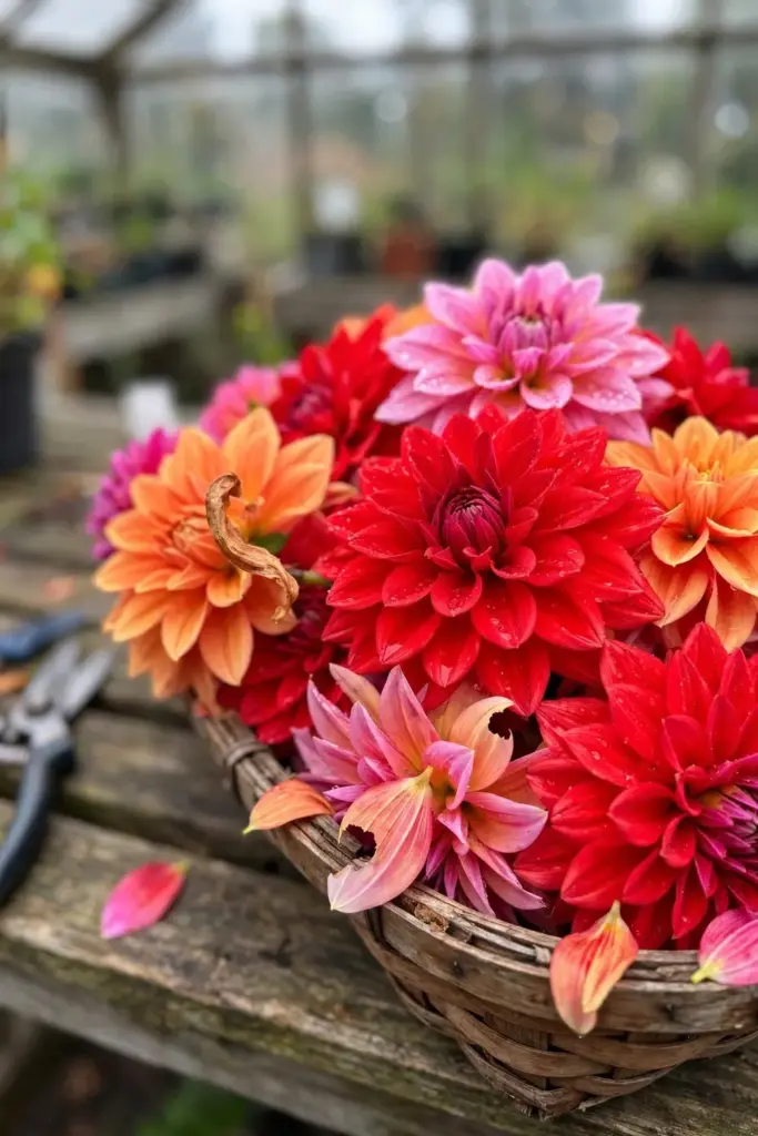 Wooden trug overflowing with freshly cut dahlias