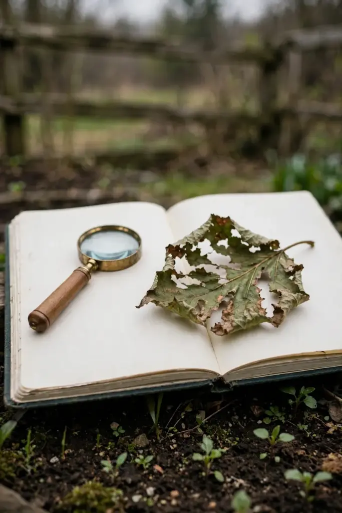 Chewed leaf with irregular holes held beside a notebook in a garden bed