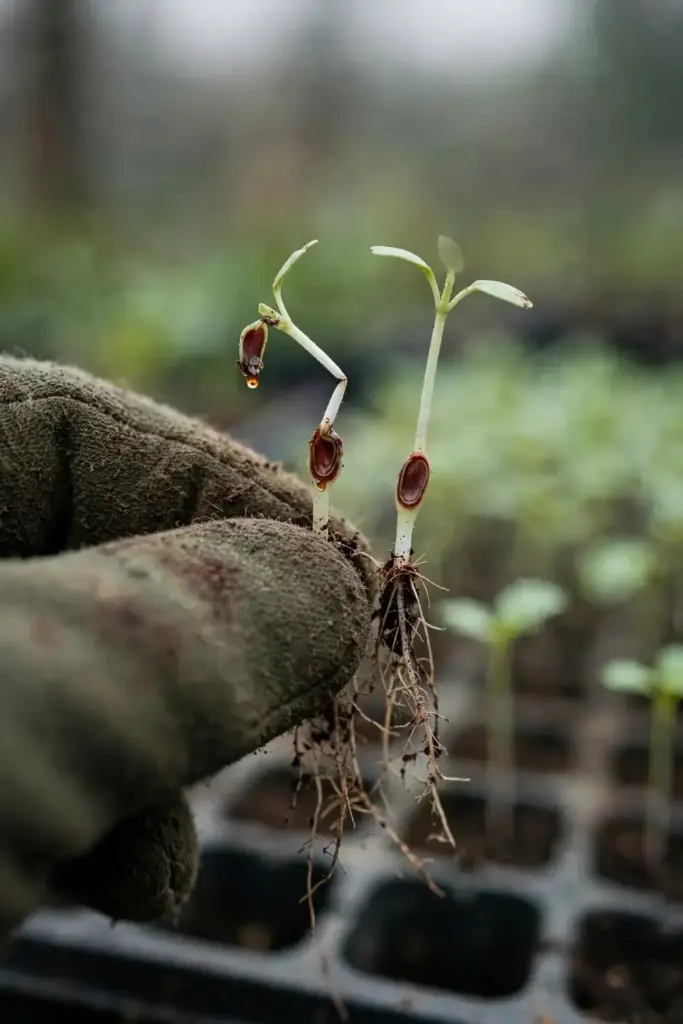 Seedling stems with dark sunken lesions at the soil line, held for diagnosis.