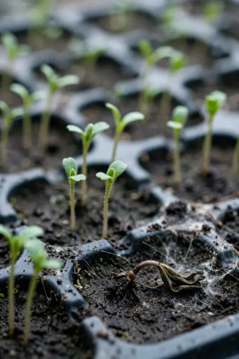 Seed tray showing damping-off collapse in forget-me-not seedlings