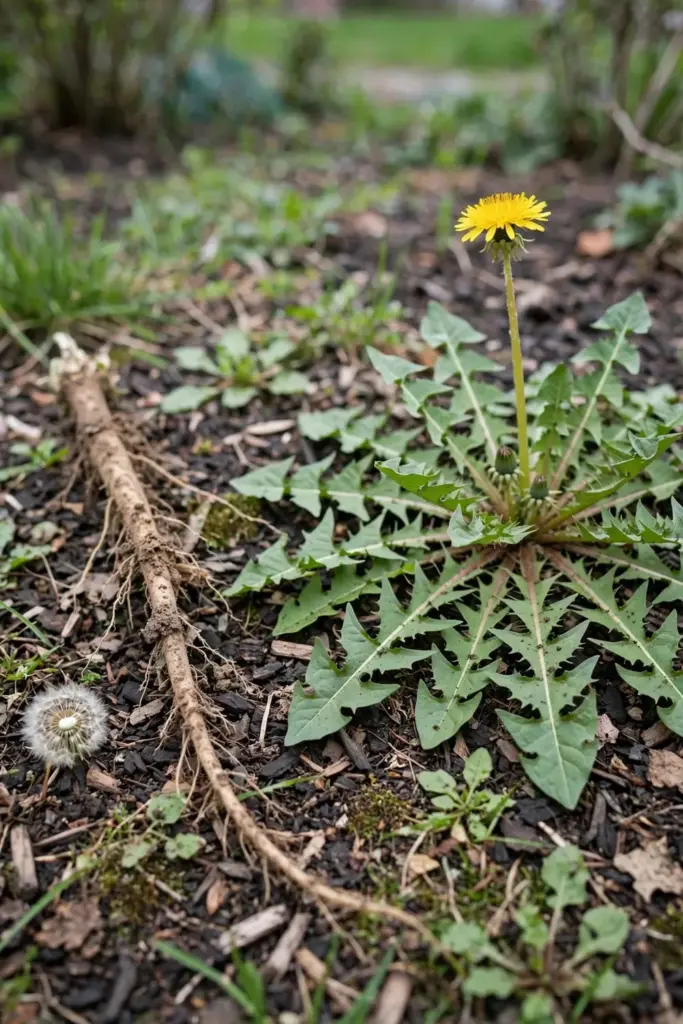 Dandelion rosette with deeply toothed leaves and a long taproot beside a yellow flower