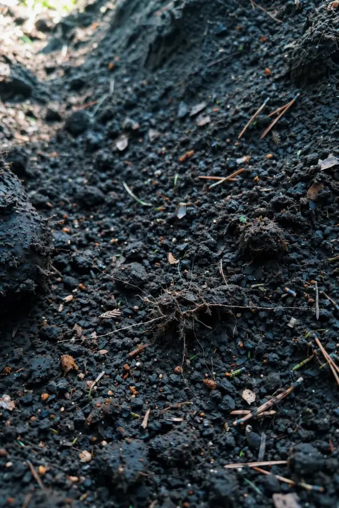 Dark crumbly acidic garden soil with organic matter