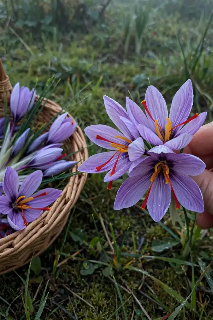 Hand holding freshly picked saffron crocus flowers at dawn over a basket