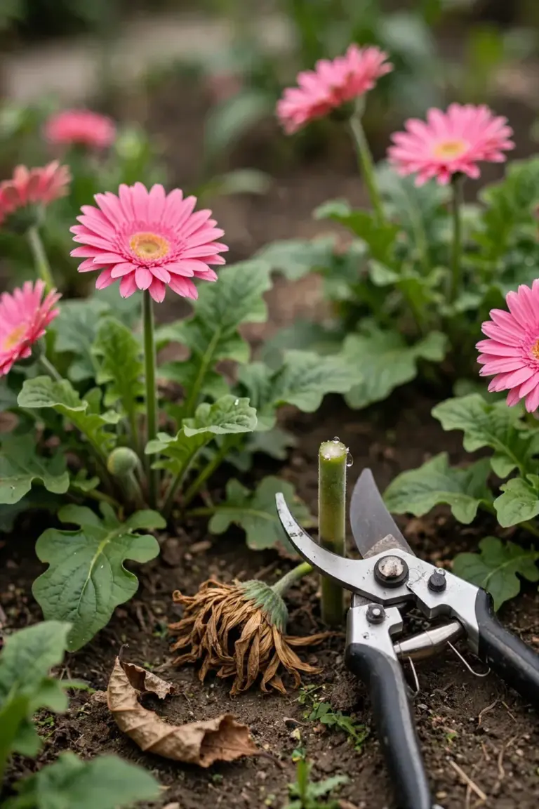 Pruning snips cutting a spent gerbera flower stem at the crown