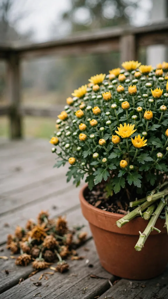 Spent mum blooms pinched off beside fresh buds on a porch plant