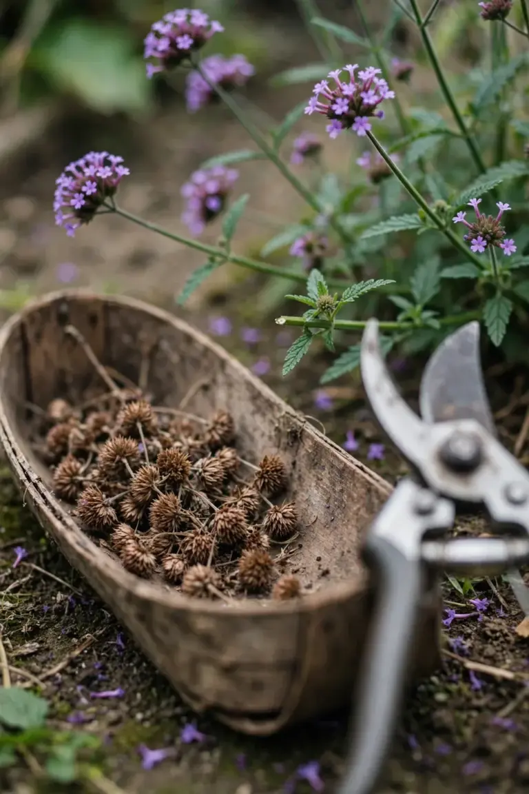 Pruning shears and a trug of snipped spent verbena flower heads