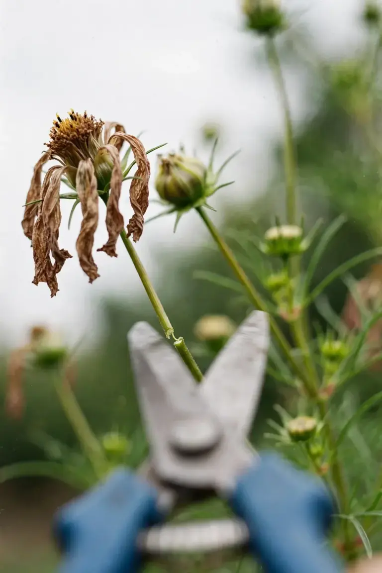 Pruning shears snipping a spent cosmos flower head