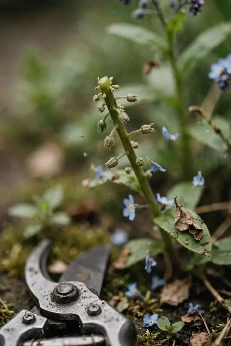 Pruning shears snipping spent forget-me-not flower stems