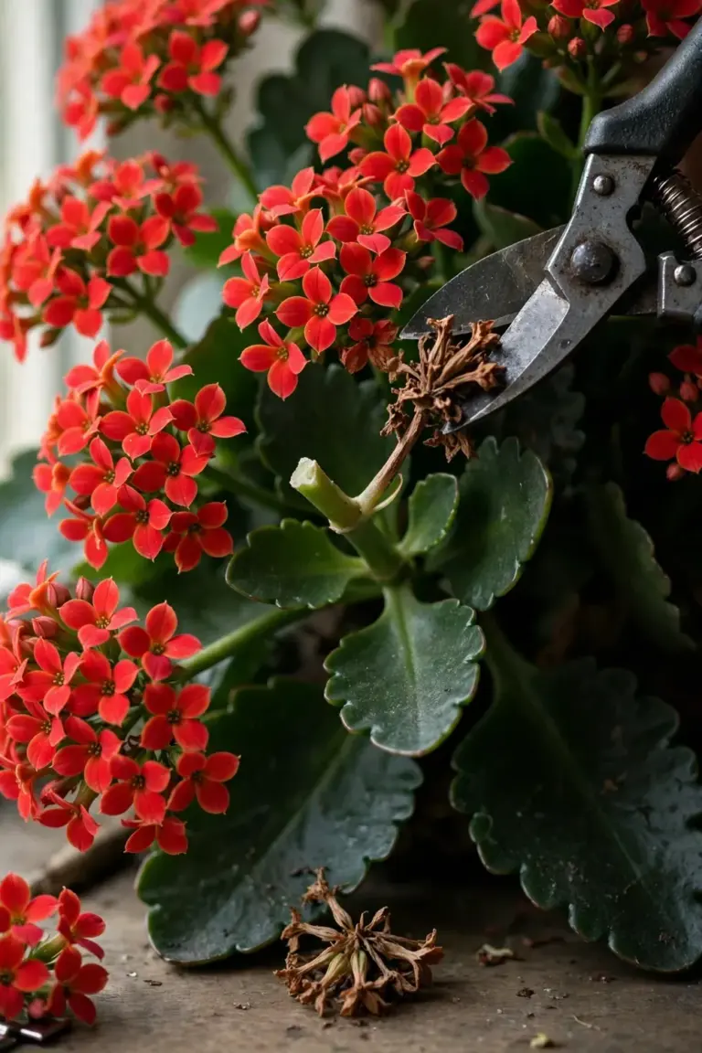 Pruning shears snipping a browned spent flower cluster from a kalanchoe stem