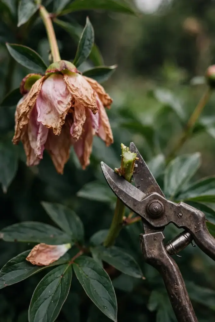 Pruning shears cutting a spent peony bloom from its stem