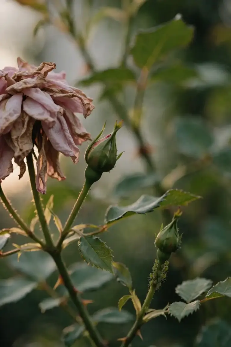 Spent rose bloom with browning petals beside a fresh bud on the same stem