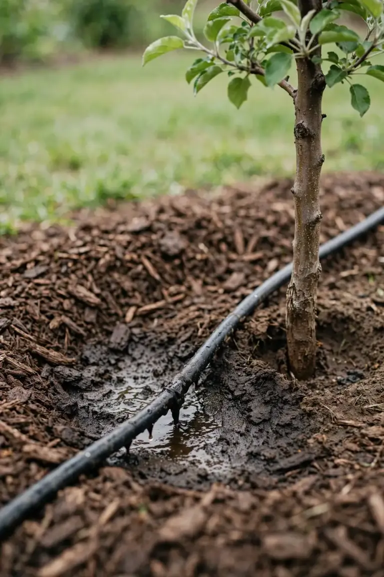 Drip line wetting a thick mulch ring around a young apple tree