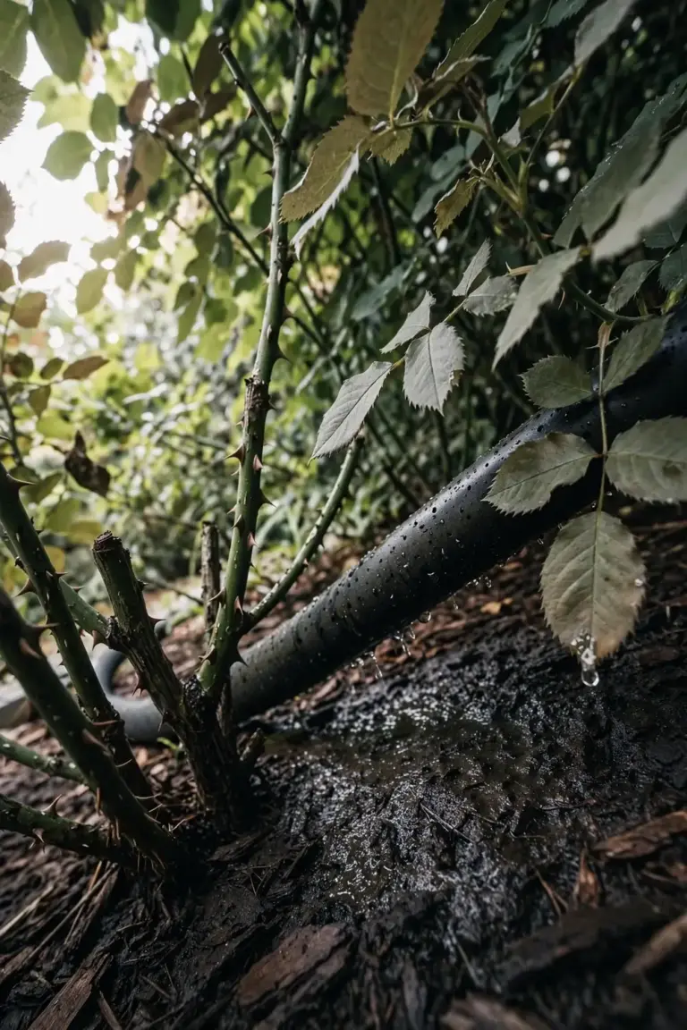 Soaker hose watering the soil at the base of a rose bush with dry leaves above