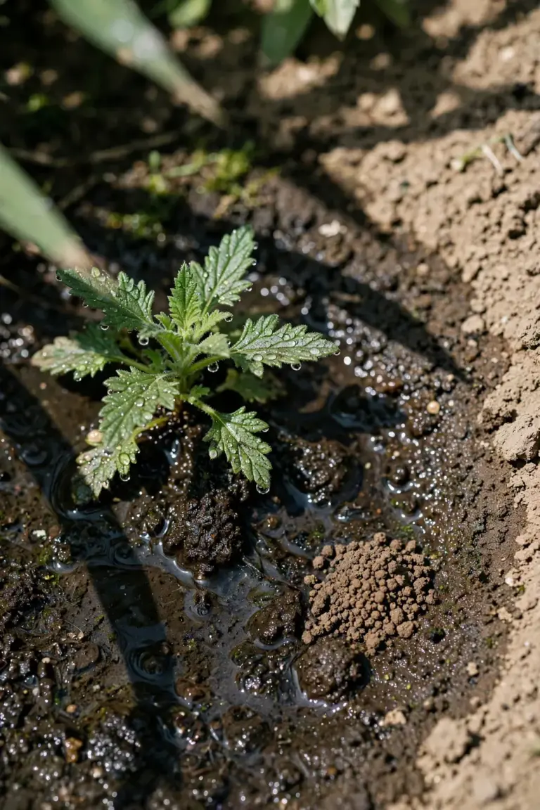 Water soaking into soil around the base of a young verbena plant