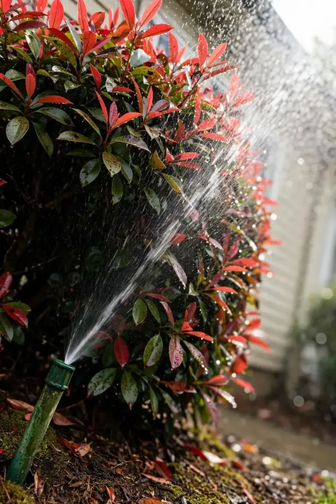 Dense overgrown photinia hedge being soaked by a sprinkler