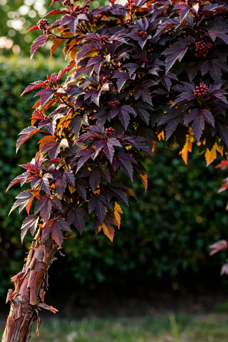 'Diabolo' ninebark shrub with deep burgundy lobed leaves and peeling reddish-brown bark