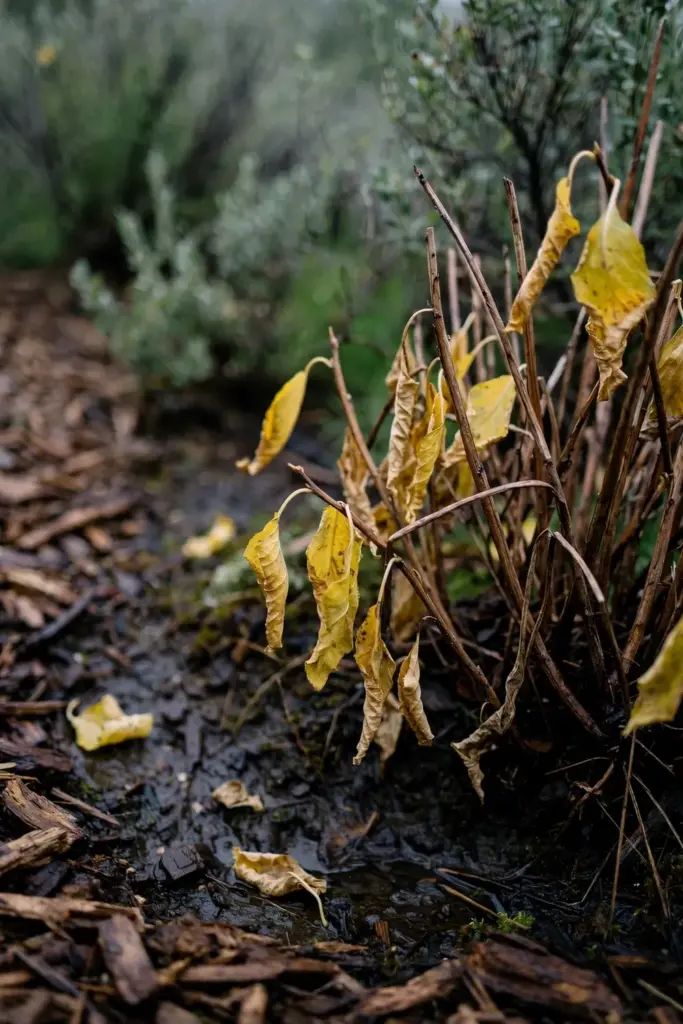 Wilting native shrub with yellow leaves in damp soil