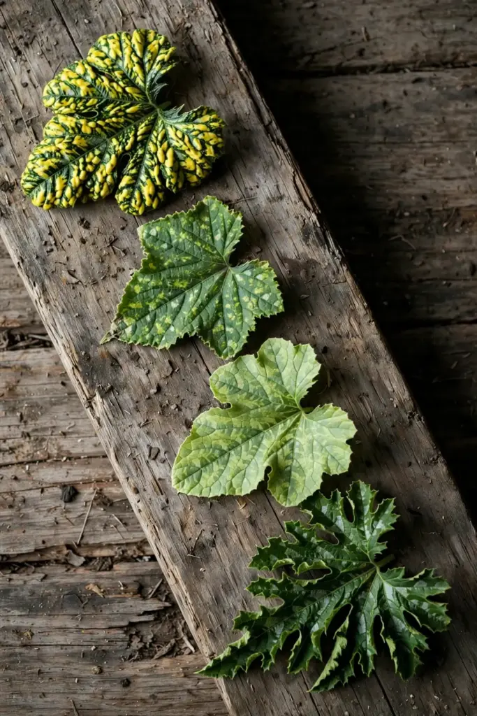 Four cucurbit leaves compared on a timber board for virus diagnosis.