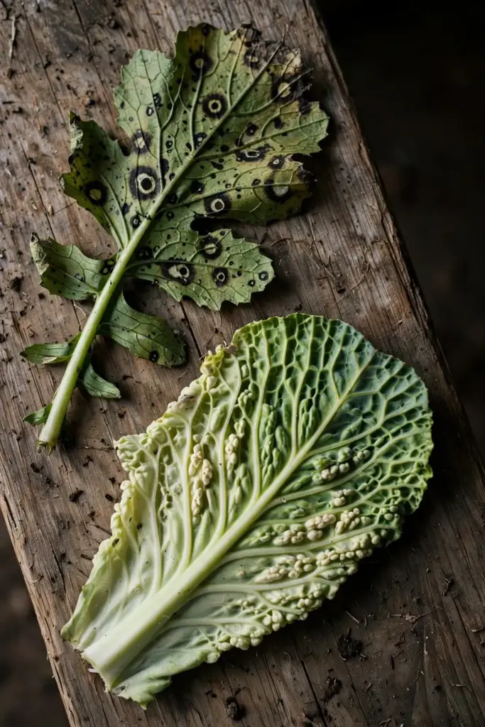 Two brassica leaves compared on a timber board.