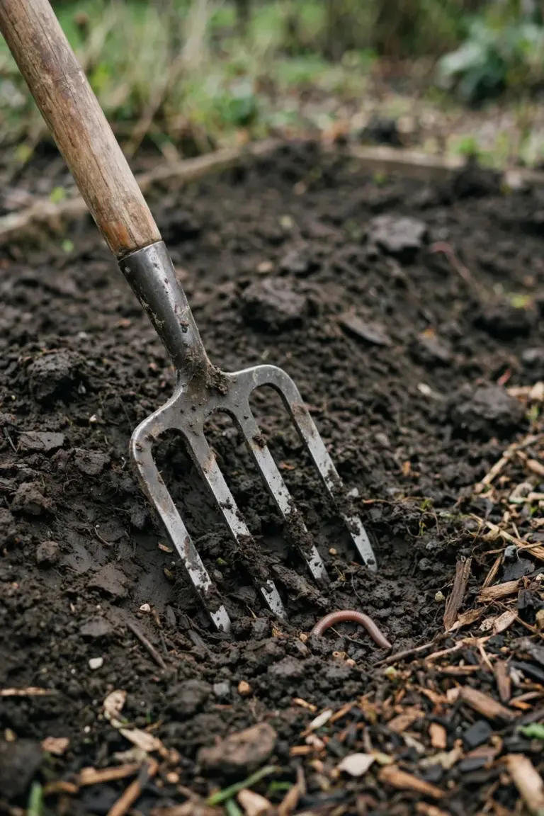 Digging fork with four flat tines loosening dark garden soil