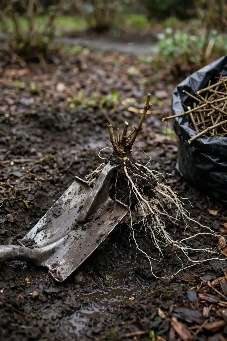 Spade lifting a young vine root crown from wet garden soil