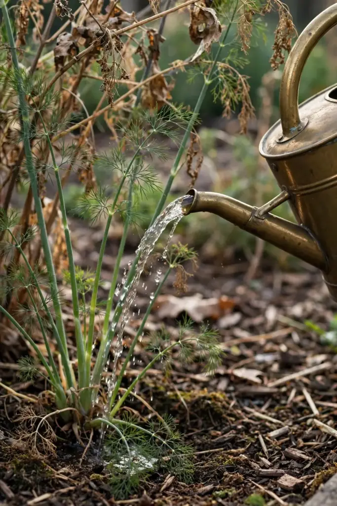 Watering dill at the base in the morning to keep foliage dry