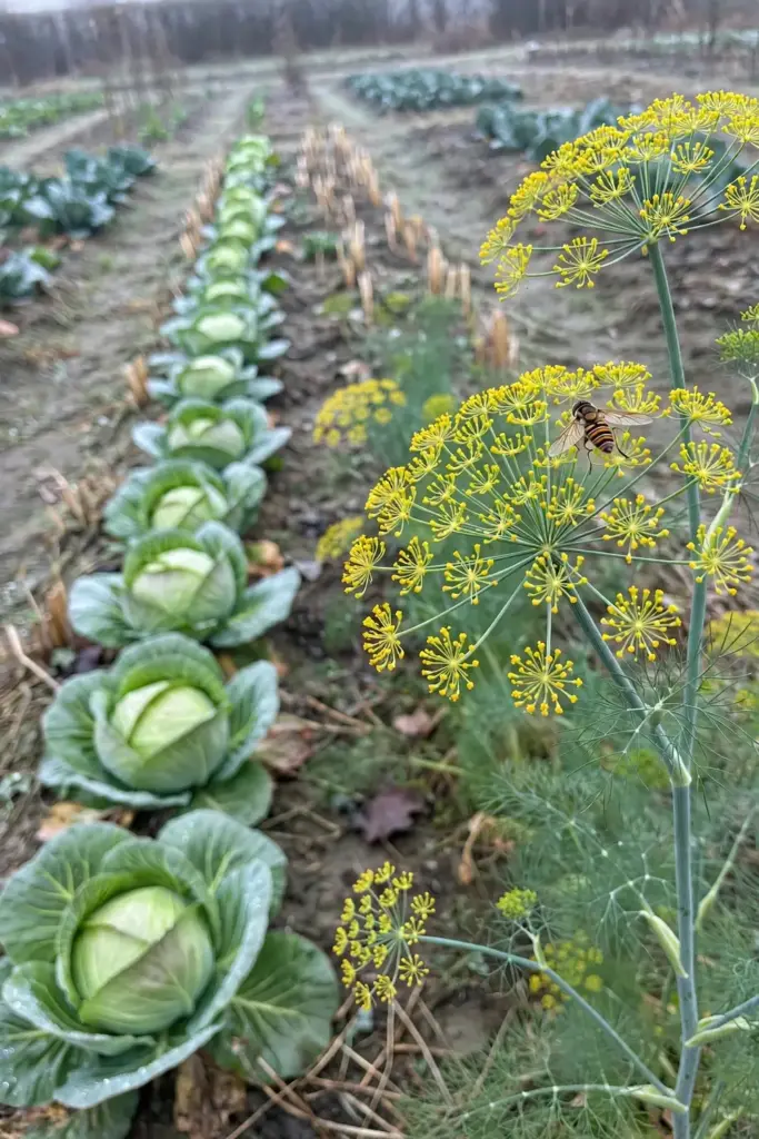 Dill flowering at the end of a cabbage row attracting pollinators