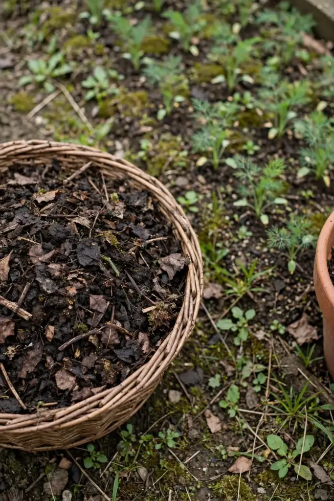 Basket of finished compost beside a dill bed before sowing