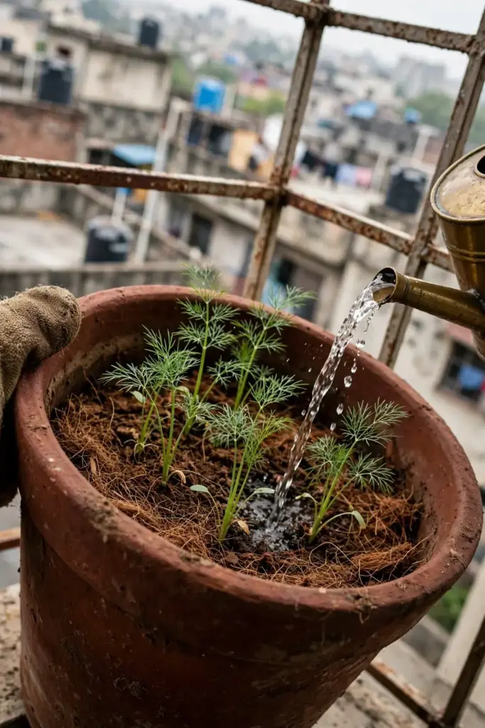 Young dill watered in a deep 12-inch terracotta pot on a balcony