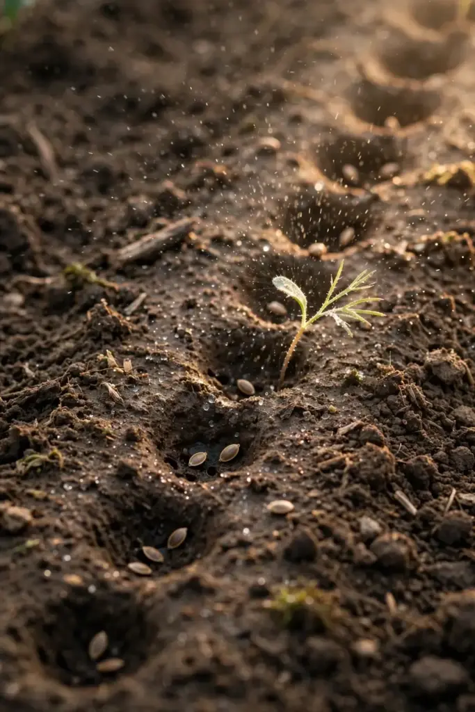 Dill seeds resting in shallow holes showing direct sowing