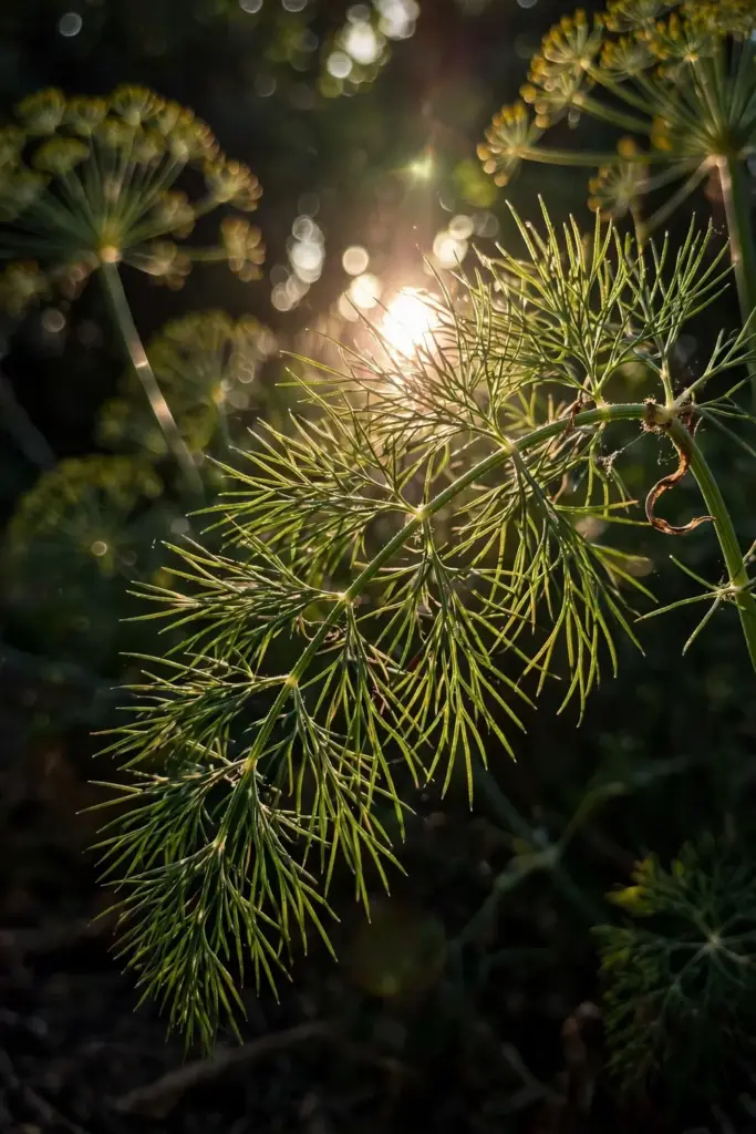 Feathery dill frond backlit so each thread glows against dark bokeh
