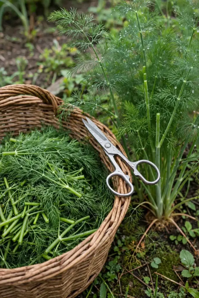 Freshly cut dill fronds in a basket beside the standing plant
