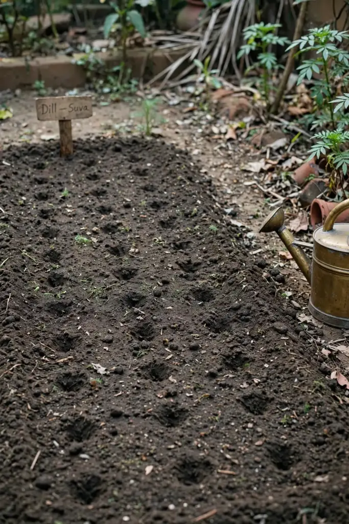 Freshly sown dill seedbed in October with a date-marked plant label