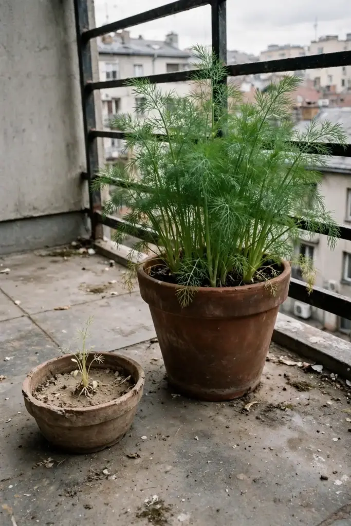 Stunted dill in a shallow pot beside thriving dill in a deep pot