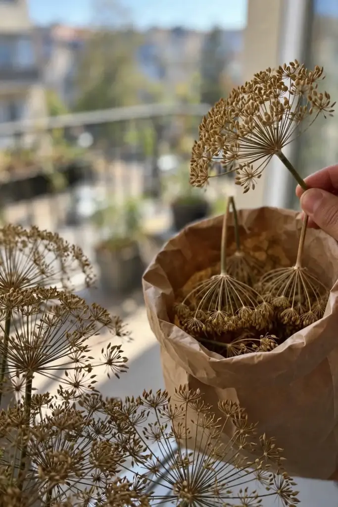 Cut dill umbels drying upside down in a paper bag